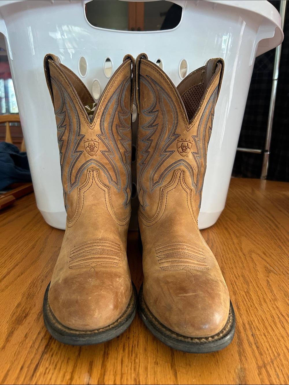 Ariat Brown Leather Western Boots with Blue Stitching